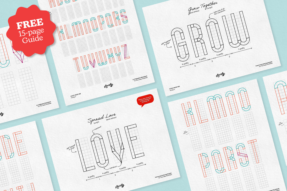 Free Grid Alphabet Worksheets + Intertwined Lettering Templates – Nico Ng